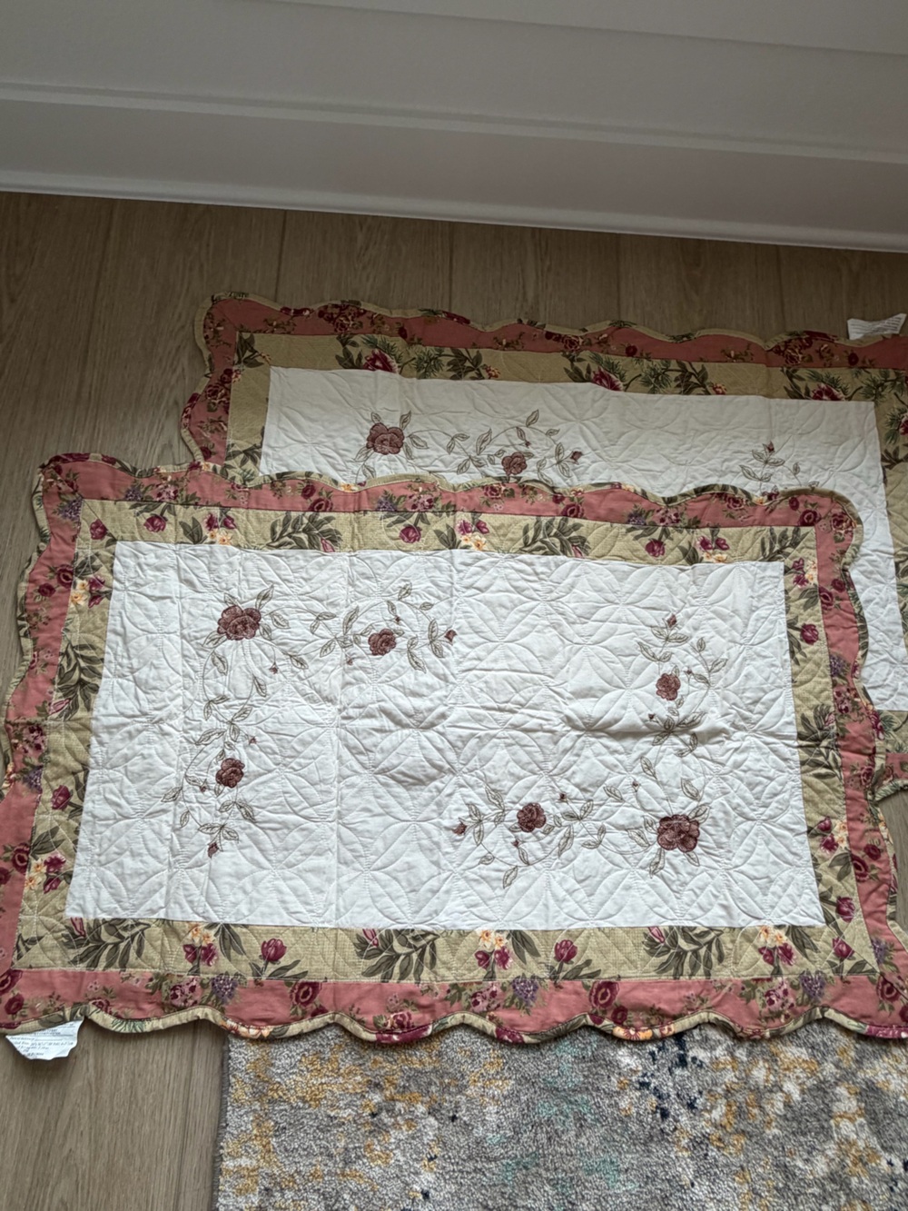 Classic pillowcase shams set   White Quilt with Rose Embroidery and Pink Trim